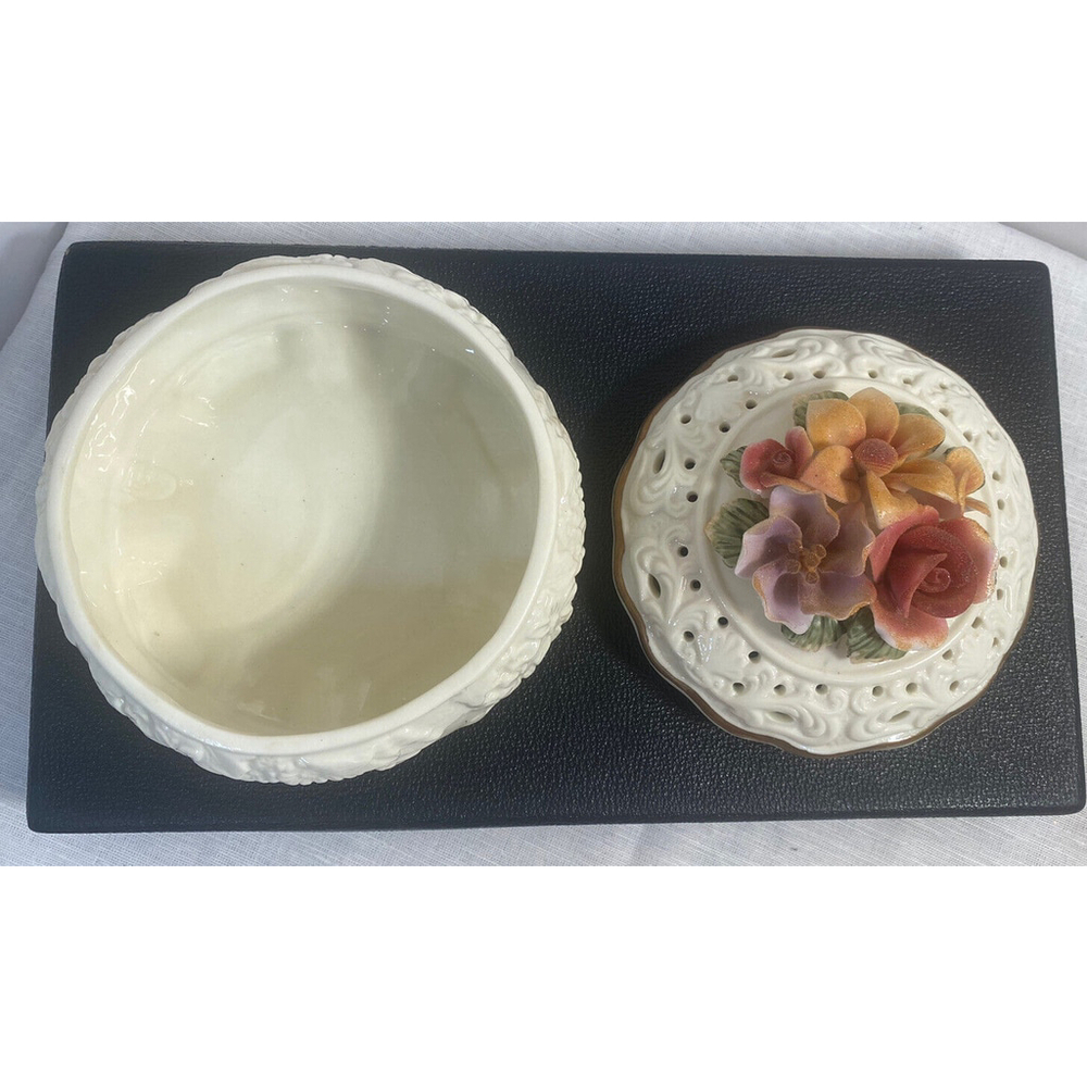 Decorative Floral Porcelain Keepsake Box Bowl with Lid 6” Round - Picture 4 of 9